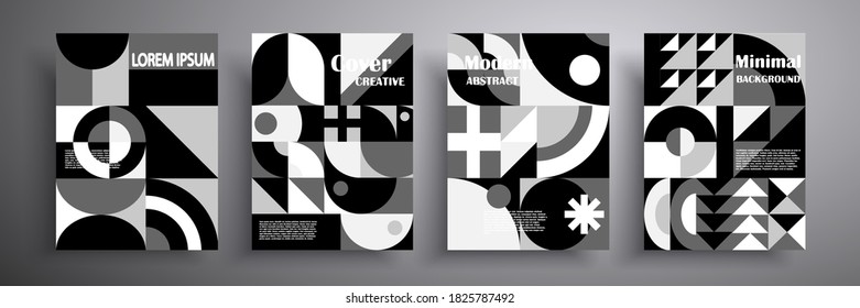 Conjunto de ilustraciones geométricas vectoriales en estilo retro. Folletos de publicidad abstractos modernos. Fondo blanco y negro. Plantilla para folletos, portadas, cuadernos, pancartas, revistas y folletos