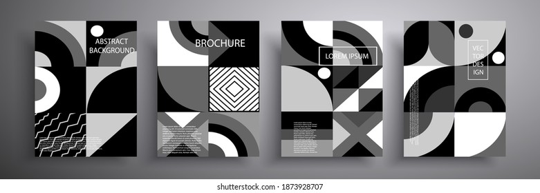 Satz von geometrischen Vektorgrafiken im Retro-Stil. Moderne abstrakte Werbeflyer. Schwarz-weißer Hintergrund. Muster für Broschüren, Cover, Notebooks, Banner, Zeitschriften und Flyer