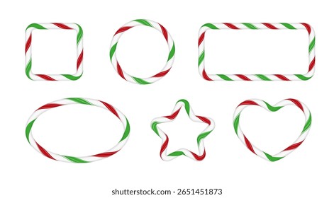 Set of vector geometric lollipop frames with red, green and white stripes. Empty Christmas mockups with shape, circle, star, heart, square and oval. Decoration. Cartoon style. Isolated background.