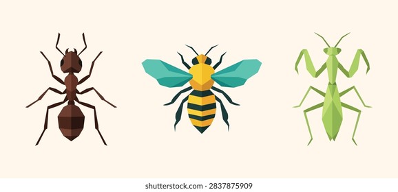 Set of vector geometric low poly insects including ant, bee, and praying mantis on light background.