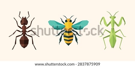 Set of vector geometric low poly insects including ant, bee, and praying mantis on light background.