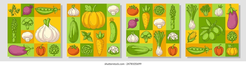 Conjunto de carteles cuadrados modernos geométricos de Vector, iconos de verduras. Verduras de granja frescas y saludables, comida natural. Diseño abstracto mínimo para el Anuncio, menú, cubierta, mercado de agricultores, tarjeta, medios sociales