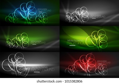 Set of vector geometric neon tree backgrounds