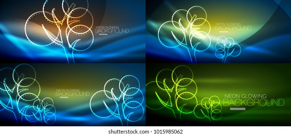 Set of vector geometric neon tree backgrounds