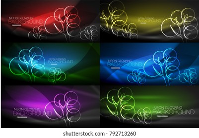 Set of vector geometric neon tree backgrounds