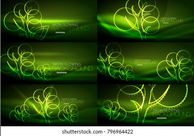 Set of vector geometric neon tree backgrounds