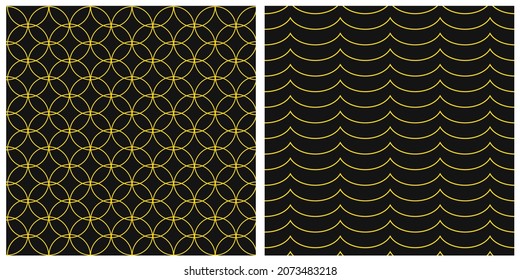 Set of vector geometric patterns. Black and gold color. A unique and elegant background with circles and wavy lines. 