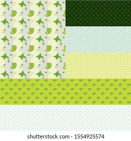 A set of vector geometric patterns on a mojito theme, contains the following elements: bright green leaves and mint flowers, a slice of lime, lime flowers, pieces of ice, straws of gray color