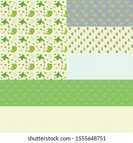 A set of vector  geometric patterns on a mojito theme, contains the following elements green leaves and mint flowers, a slice of lime, lime flowers, pieces of ice, straws of gray color
