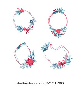 Set of vector geometric polygon frame with bouquet wreath. Christmas template for greeting card. Winter frame cones and flowers isolated with place for text