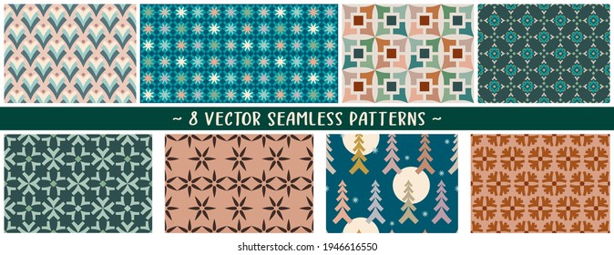 Set of vector geometric seamless mix and match surface patterns in pleasing pastel earthy tones to create a custom designs, branding, packaging, interior objects, festive paper items and digital media