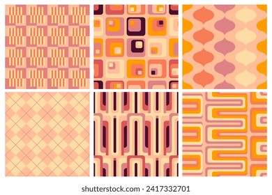 Set of vector geometric seamless patterns, groovy vibes of 70s, psychedelic Pattern designs, Disco Inspired, Iconic Aesthetics