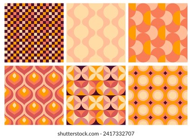 Set of vector geometric seamless patterns, groovy vibes of 70s, psychedelic Pattern designs, Disco Inspired, Iconic Aesthetics