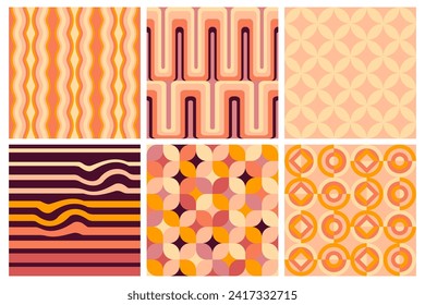 Set of vector geometric seamless patterns, groovy vibes of 70s, psychedelic Pattern designs, Disco Inspired, Iconic Aesthetics