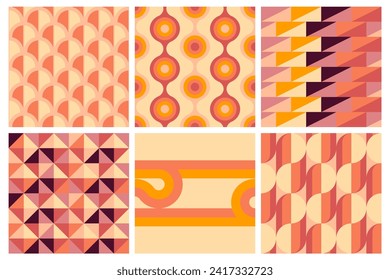 Set of vector geometric seamless patterns, groovy vibes of 70s, psychedelic Pattern designs, Disco Inspired, Iconic Aesthetics