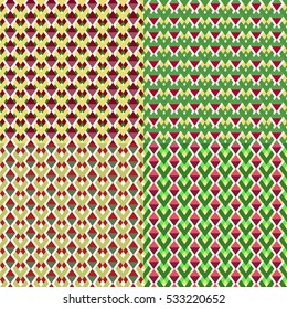 Set of vector geometric seamless patterns in warm colors - yellow, red, green. 