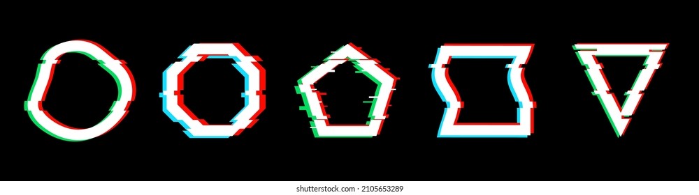 Set of vector geometric shapes with glitch effect. Damage to the structure of geometric shapes. Distortion of the digital stream. Damaged signal. Vector illustration.