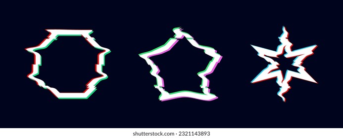 Set of vector geometric shapes with glitch effect. Damage to the structure of geometric shapes. Distortion of the digital stream. Damaged signal. Vector illustration.