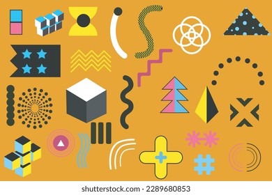 Set of vector geometric shapes. Memphis design, retro element for web, vintage, advertising, commercial banner, poster, flyer, billboard, sale. Trendy collection of halftone vector geometric shapes.