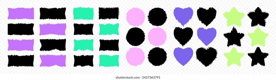 Set of vector geometric silhouettes with jagged edges. Multicolored shapes of ripped grunge papers isolated on transparent background