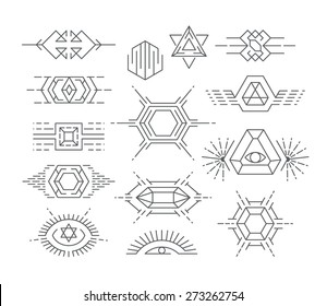 Set of vector geometric symbols, linear logotypes and design elements. 