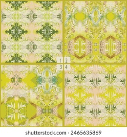 Set of vector geometric texture of aged baroque ornaments pattern. Classic ornaments on abstract grunge beige, yellow, green background.
