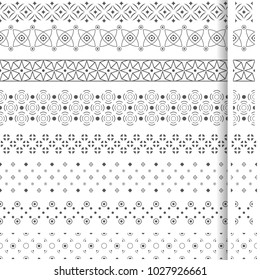 Conjunto de divisores geométricos vetoriais. Bordas para o texto, convites, várias edições de impressão. Linhas divisórias sob a forma de um padrão sem costura horizontal ou vertical sem costura.