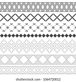 Set of vector geometrical dividers. Borders for the text, invitation cards, various printing editions. Dividing lines in the form of a seamless horizontal or vertical seamless pattern.