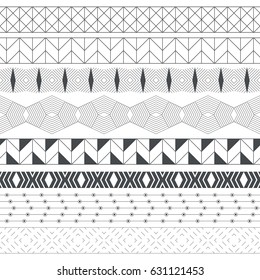 Set of vector geometrical dividers. Borders for the text, invitation cards, various printing editions. Dividing lines in the form of a seamless horizontal or vertical seamless pattern.