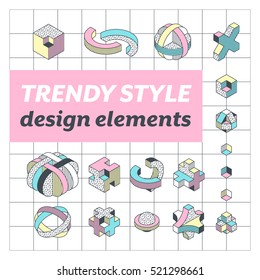 Conjunto de formas geométricas vectoriales en elementos de diseño de estilo moderno, color isométrico, patrón y contorno