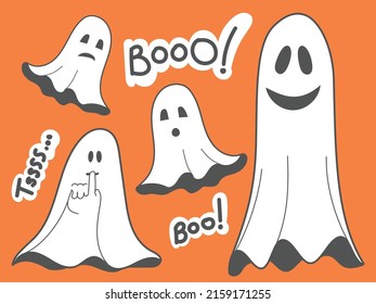 Set of vector ghosts on an orange background. Halloween illustrations.