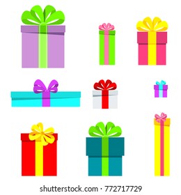 Set of Vector gift box. Surprise decoration for birthday, new year or Christmas. Flat cartoon illustration. Objects isolated on white background.