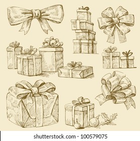 Hand Drawing Vector Set With Gifts. Vector Sketch Gift Boxes