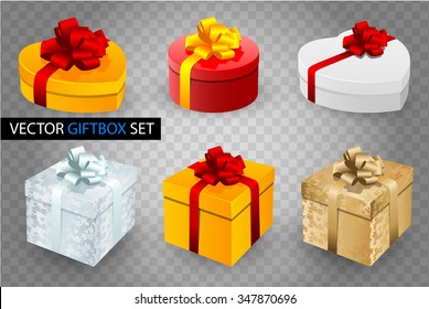 Set of vector gift boxes with bows and ribbons on transparent background. Heart, round and cube shape. White, golden, silver and yellow colors.