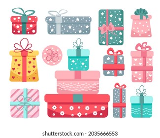A set of vector gift boxes on a white background. There are many different holiday boxes with cute bows. Gift concept for Birthday, Christmas, Valentine's Day and other holidays
