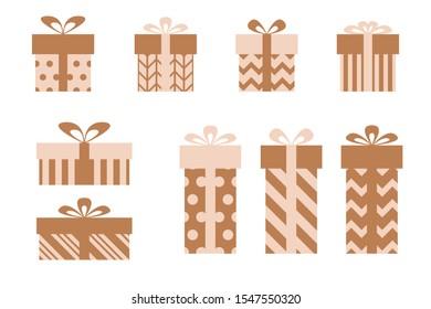 Set of vector gift boxes packed in brown and beige wrapping paper