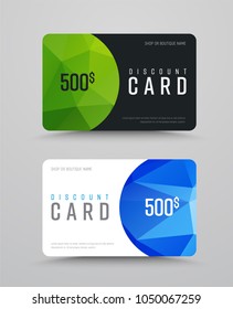 set of vector gift cards with semi-circular and polygonal colored design elements. Templates with blue and green polygons.