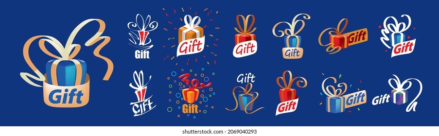 A set of vector gift logos on a blue background