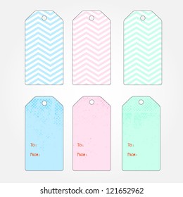 Set of vector gift tags for your design. Holiday surprise gift tag with chevron and texture. Vector illustration