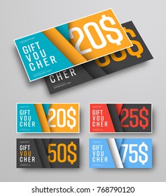 set of vector gift vouchers with floating leaves over the background. A pattern of cards in the style of material design with different colors.