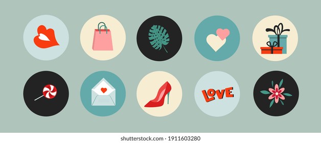 Set of vector gifts icons for women. Valentine's Day. Big collection of modern hand drawn vector stickers. 