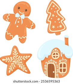 Set of vector ginger cookies. Winter homemade sweets in the shape of a house, a gingerbread man, a Christmas tree and a star. Vector illustration of gingerbread cookies in flat vector style isolated.