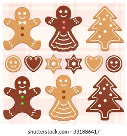 Set of vector gingerbread Christmas cookies: gingerbread man, woman, star, heart, christmas tree and round gingerbread biscuit. 