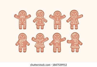 Set of vector gingerbread cookies for Christmas decoration and design. Funny faces, smile, good mood.