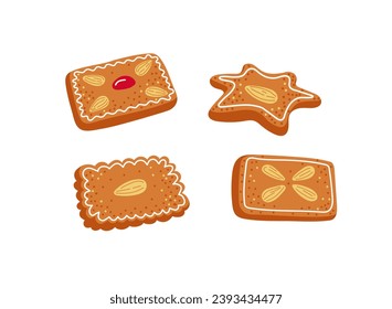 Set of vector gingerbread cookies in diffent form isolated on white background with almond nuts.Christmas homemade biscuits.Holiday pastry in winter time