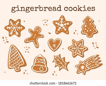 Set of vector gingerbread cookies. Traditional Christmas treat. Merry christmas and a happy new year. Hand drawn illustration.