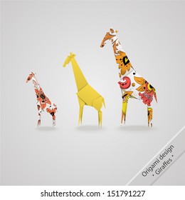 Set of vector giraffes made of colorful floral paper. Origami design.