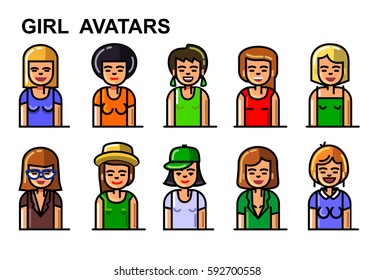 Set of vector girl avatars with various styles