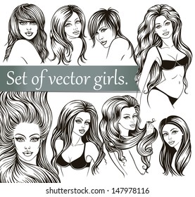 Set of vector girls. The black line.