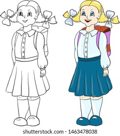 Set of vector girls with school theme - coloring variant and colorful one